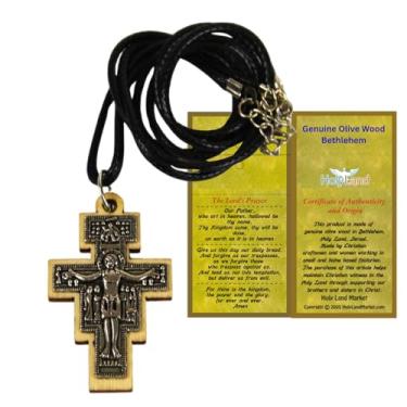 Imagem de Cruz de madeira de oliveira com cruz de estanho embutida - modelo San Damiano (5 cm - 5 polegadas) - 7 mm de espessura