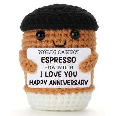 Imagem de Presente de café de crochê para aniversário de casais, presente de crochê com cartão engraçado de trocadilho expresso, presente romântico feito à mão para esposa marido, namorada, namorado, Dia dos