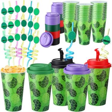 Imagem de Yungyan 24 conjuntos de copos de lembrancinhas de festa de tartarugas verdes com tampas e canudos para decorações de aniversário, reutilizáveis, copos de plástico de 473 ml, canudos de plástico para