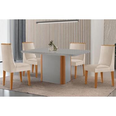 Imagem de Sala Jantar Mesa Pietá Tampo c/ Vidro Curvo 120cm+4 Cadeiras Dakota Madeira Naturale/Off White - Capuccino/Suede Creme - Rufato