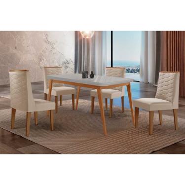 Imagem de Sala Jantar Mesa Havana Tampo c/ Vidro Curvo 120cm+4 Cadeiras Dafne Madeira Naturale/Off White - Capuccino/Suede Creme - Rufato