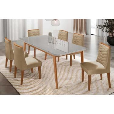 Imagem de Sala Jantar Mesa Havana Tampo c/ Vidro Curvo 180cm+6 Cadeiras Maldivas Madeira Naturale/Off White - Capuccino/Linho Bege - Rufato