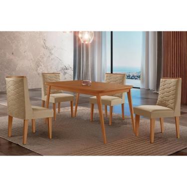 Imagem de Sala Jantar Mesa Havana Tampo Curvo 120cm+4 Cadeiras Dafne Madeira Naturale - Capuccino/Linho Bege - Rufato