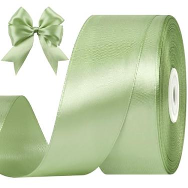 Imagem de CLUEWR Fita de cetim verde sálvia de 3,5 cm, 50 metros, rolo de fita de tecido sólido para buquês de flores, embrulho de presente, casamento, artesanato artesanal