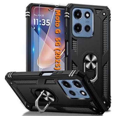 Imagem de Capa para Motorola Moto G 5G 2025 com 2 peças de protetor de tela HD, suporte de anel magnético com capa de celular resistente, capa protetora para Moto G 5G 2025, preta