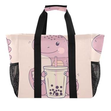 Imagem de ODAWA Bolsa de mão dobrável resistente à água para esportes, bolsa de verão com bolsos para viagens, Dinossauro segurando chá bolha, One Size