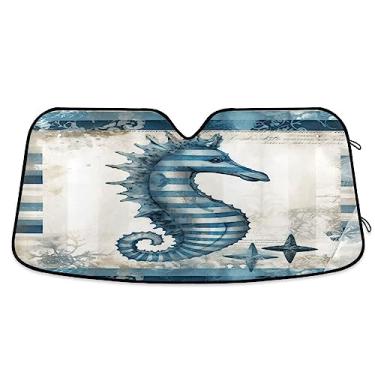Imagem de Placa de madeira azul e branca náutica cavalo marinho capa solar estrela do mar para janela de carro, proteção UV dobrável para janela de carro