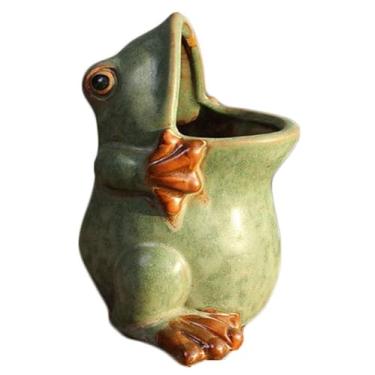 Imagem de zmgmsmh Vaso decorativo de sapo de cerâmica com base de bambu suporte para plantas internas em forma de animal, vaso suculento de cerâmica com drenagem, mini plantas suculentas, plantador de cacto