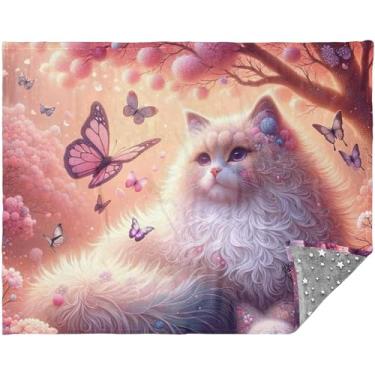 Imagem de Cobertor de sofá xadrez personalizado gato flor de cerejeira rosa cobertor xadrez para homens mulheres impressão cobertores e mantas 177,8 cm x 139,7 cm