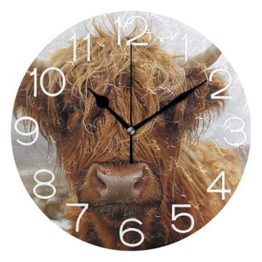 Imagem de GAIGEO Relógio de parede analógico decorativo estético silencioso sem tique-taque relógio de cozinha fofo, arte de parede boho decoração de casa gado fofo vaca highland, 25 cm, ponteiros pretos