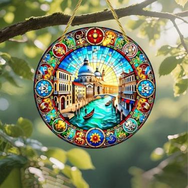 Imagem de Acrílico colorido Suncatcher, vitral, gôndola do canal de Veneza, 18 cm, decoração de parede de janela suspensa com design de vitral impresso, ideia de presente e ornamento de jardim, uso interno e
