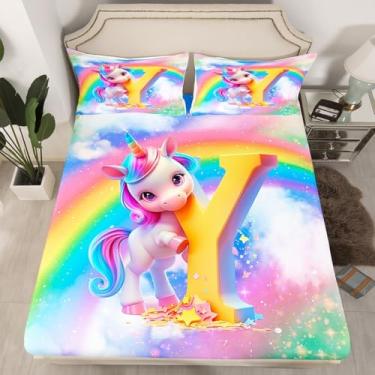 Imagem de Jogo de cama Queen com desenho de unicórnio fofo, letra Y do alfabeto, decoração de quarto de meninas e mulheres, capa de cama de unicórnio com estrelas brilhantes e arco-íris, 2 fronhas (sem lençol