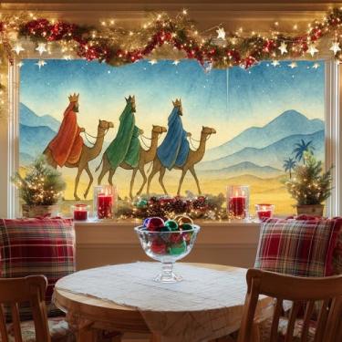 Imagem de HOMETITUTE Capa de janela com aderência estática Three Kings Journey, folha de vidro de privacidade, 99,3 x 17,7 polegadas, painel de cenas de férias reutilizável para exibição de presépio de igreja