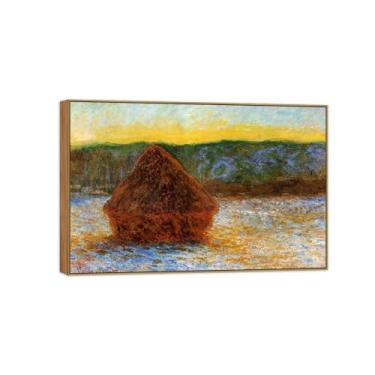 Imagem de BMZFYBS Claude Monet Famosas Impressões em tela de parede prontas para pendurar - Grainstack Thaw Sunset-Wood Frame Painting for Living Room Decor 30x45cm12x18in