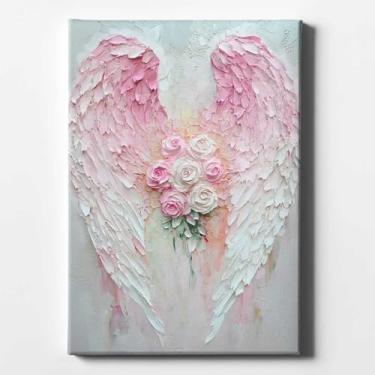 Imagem de Impressão abstrata de arte de parede em tela de asas de anjo para sala de estar quarto escritório rosa e branco arte abstrata pintura de textura de flor rosa decoração de parede com asas de anjo