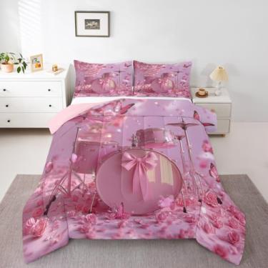 Imagem de Erosebridal Conjunto de cama com tambor rosa, romântico, floral, rosa, tamanho solteiro, moderno, instrumento musical, edredom de borboleta rosa para crianças e adultos
