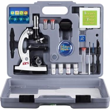 Imagem de O kit de microscópio AMSCOPE, com braço de metal e base para crianças m30-abs-kt2-w, 6 aumentos de 20X a 1200X, inclui um conjunto de acessórios de 52 unidades e capa, premiado com o prémio de melhor