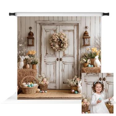 Imagem de Kate Pano de fundo de coelhinho da Páscoa para fotografia com ovos coloridos e porta de madeira, adereços para fotos 3 x 3 m