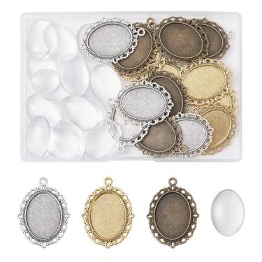 Imagem de MakemadeDIY 30 bandejas vintage com pingente de bisel em branco, 15 peças, bandejas de bisel prata bronze antigo e 15 unidades de pingentes de cabochão de vidro transparente para fazer joias