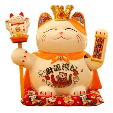 Imagem de FENNYYAR Braço ondulado coroa laranja Maneki Neko presente pequeno gato branco ornamento de cerâmica, 27 cm 26,7 cm, abertura loja de presente