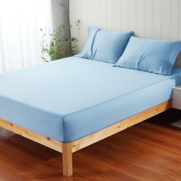 Imagem de Lençol de elástico 100% viscose derivado de bambu com bolso profundo de 40,6 cm, roupa de cama sedosa de luxo, ultramacio, refrescante para quem dorme quente (Cal King)