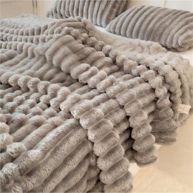 Imagem de Cobertor de lã para sofá, cama, decoração de casa, cobertor aconchegante de flanela de pelúcia macio com listras decorativas para adultos, mulheres, meninas (cinza, Queen (203 x 228 cm))