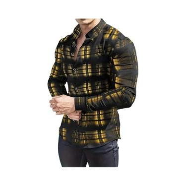 Imagem de Camisa Casual Masculina Com Estampa Xadrez Clássica, Gola Lapela, Mang