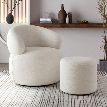 Imagem de Kit Poltrona Orgânica Giratória Eloah + Puff Ello Bouclé Italiano Decoração Sala Luxo - Off-white