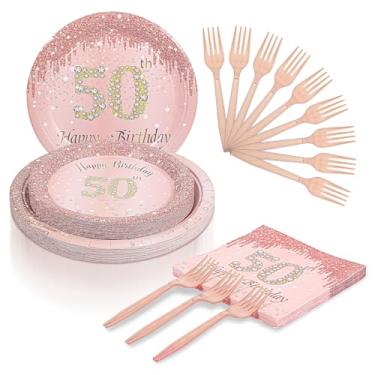Imagem de Conjunto de 200 peças de utensílios de mesa de 50 anos para decoração de mesa de aniversário de 50 anos rosa dourado rosa feliz 50 anos pratos de papel sobremesa guardanapos garfos para 50 convidados