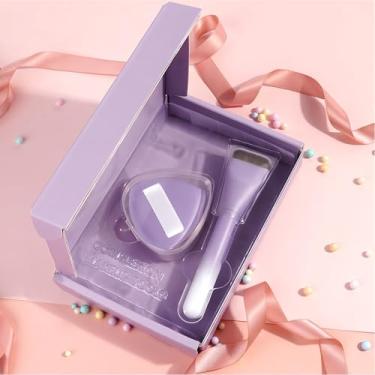 Imagem de Pincel de maquiagem plano, ferramenta de maquiagem vegana, pincel de maquiagem premium para base líquida, creme e pó (1 esponja triangular e 1 pincel plano)