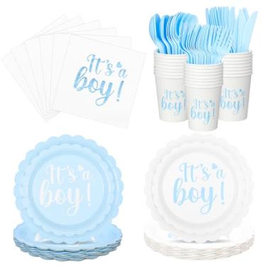 Imagem de Qinyoung 197 peças de decorações de chá de bebê para meninos incluem pratos de sobremesa recortados de folha azul, copos, guardanapos, conjuntos de talheres serve 24 para revelação de gênero