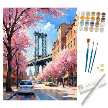 Imagem de Kit de pintura Urban Cherry Blossom por números para adultos - DIY Manhattan Bridge and Spring Street Painting enrolado em tela 40,6 x 50,8 cm, conjunto de tinta acrílica para iniciantes, arte para