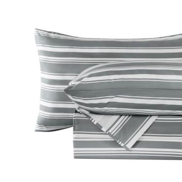 Imagem de MCO Conjunto de lençóis listrados de 4 peças, Queen respirável com bolso profundo de 41 cm, moderno e luxuoso, conjunto de cama de microfibra escovada (Queen, cinza)