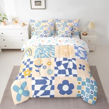 Imagem de Feelyou Conjunto de cama queen retrô hippie floral dos anos 60 anos 70 anos 70, 7 peças, geométrico, vintage, abstrato, botânico, em uma bolsa, conjunto de cama xadrez azul com edredom, conjunto de