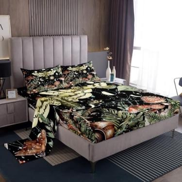 Imagem de Castle Fairy Jogo de lençol solteiro com caveira de mariposa, cogumelo, lua e galáxia estrelada, boêmio, 1 lençol com elástico e 1 fronha