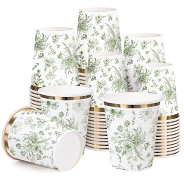 Imagem de WRAPAHOLIC 50 peças de copos de papel florais - copo descartável de flor de vaso sanitário verde de 255 g, xícara de café, copos de bebida quente/fria para suco de água, perfeito para chá de bebê e