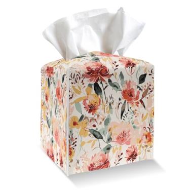 Imagem de Suporte para caixa de lenços - Aquarela flores peônia PU couro PU caixa de lenços com cinto inferior, organizador de papel facial quadrado para mesa, banheiro, cozinha, carro e escritório -038