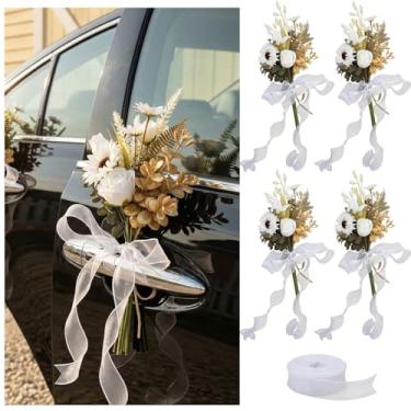 Imagem de waytinflor Decorações de carro de casamento champanhe – Margarida e girassol recém-casados com detalhe floral para cerimônia, presente romântico de noiva e decoração de carro de fuga (branco)