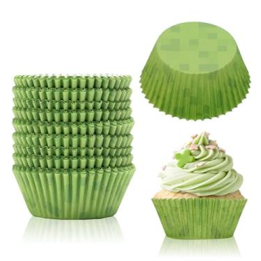 Imagem de 200 peças de forros de cupcake de pixel, envoltórios de muffin com tema de jogo de pixels, suporte descartável de cupcake envoltório verde para chá de bebê, casamento, despedida de solteira