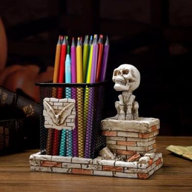 Imagem de Daisylily Porta-lápis de caveira, copo de caneta de esqueleto, suporte de caneta de malha para organizador de canetas de escritório, recipientes de armazenamento de copo de lápis