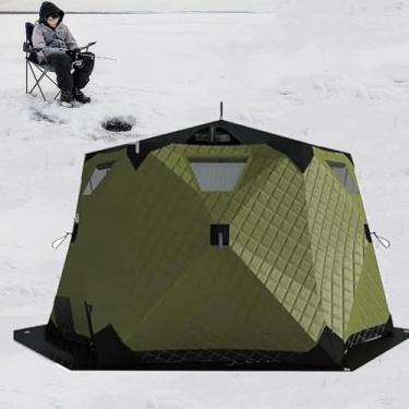 Imagem de Barraca portátil de abrigo de pesca no gelo para 6 a 10 pessoas, barraca pop-up isolada hexagonal à prova de vento com tomada de fogão e piso, 260 x 260 x 170 cm, equipamento de acampamento externo