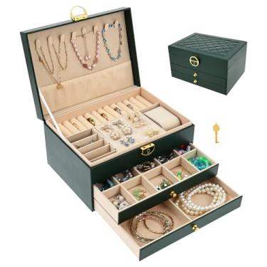 Imagem de Organizador de joias de couro PU com cadeado 3 camadas forrado de veludo caixa de armazenamento para mulheres, estojo de joias de viagem para colar, pulseira, brinco e coleção de anéis (verde)