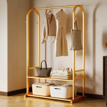 Imagem de Rack de roupas de metal resistente com prateleiras e 6 ganchos - Organizador de roupas resistente para quarto, sala de estar, solução de armazenamento de armário, design industrial