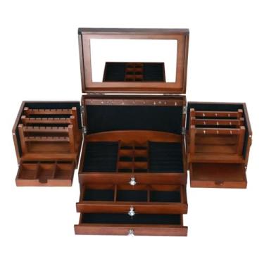 Imagem de Caixa de joias vintage de madeira multicamadas para mulheres, estojo organizador funcional com design elegante para colares, brincos e pulseiras