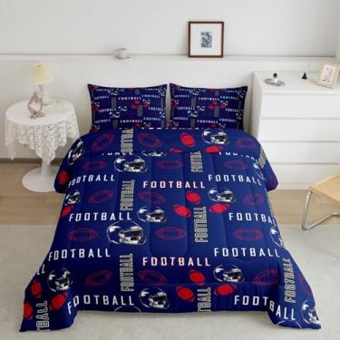 Imagem de jejeloiu Conjunto de cama de futebol americano, tamanho solteiro, Nova York, para decoração de quarto de meninos e meninas, adolescentes, azul, vermelho, respirável, microfibra leve