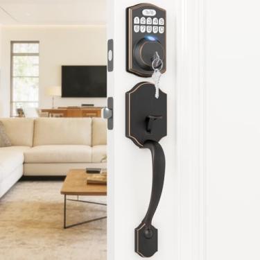 Imagem de HOSOM Conjunto de fechadura de porta inteligente com impressão digital, conjunto de maçanetas de porta frontal sem chave, fechadura de teclado eletrônico com maçaneta, travamento automático, códigos