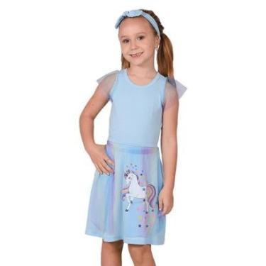Imagem de Vestido Infantil Azul Claro Unicórnio, Saia de Tule Colorido-Feminino