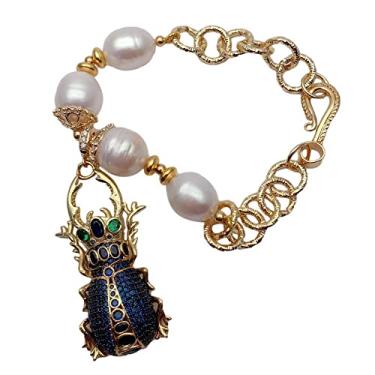 Imagem de DWBPGVUN Bracelete de corrente de ouro galvanizado com pérola de arroz branco cultivado em água doce com zircônia cúbica