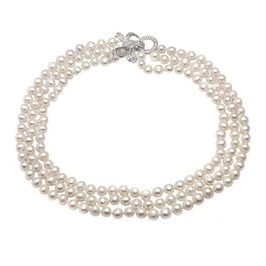 Imagem de Colar feminino de pérolas redondas de água doce, branco, lindo gargantilha com 3 camadas, 47 49 51cm, Ágata