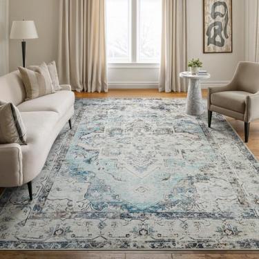 Imagem de Bloom Rugs Tapete lavável antiderrapante 1,8 m x 2,4 m - tapete de área persa tradicional bege / azul para sala de estar, quarto, sala de jantar e cozinha - Tamanho exato: 1,8 m x 2,4 m